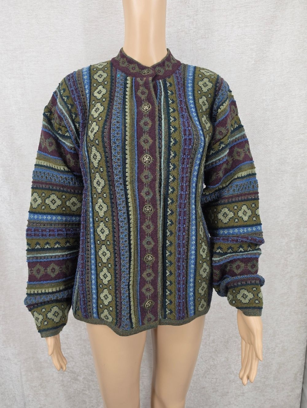 Cherry Lewis Vintage Wool Nordic Fair Isle 2D Knit Cardigan in Olive Plum Blue